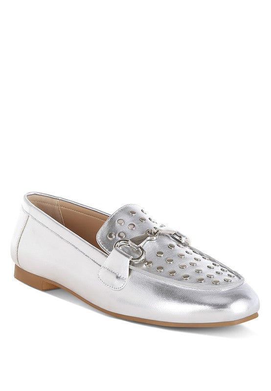 Estafa Horsebit & Studs Metallic Pleather Loafers - Tigbul's Variety Fashion Shop