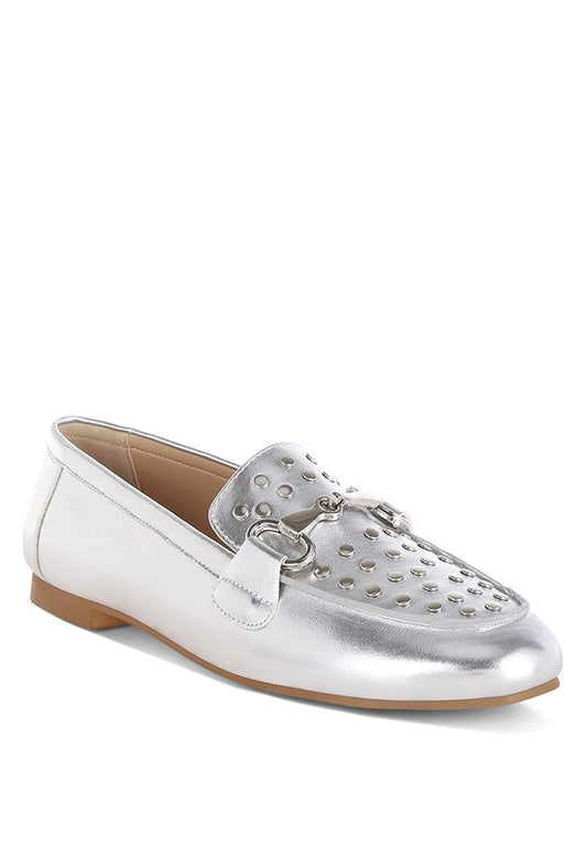 Estafa Horsebit & Studs Metallic Pleather Loafers - Tigbul's Variety Fashion Shop