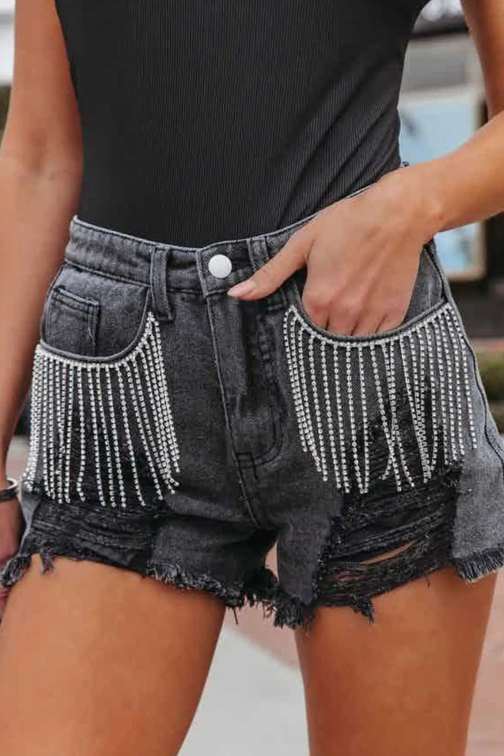 Rhinestone Fringe Distressed Denim Shorts - Tigbul's Variety Fashion Shop