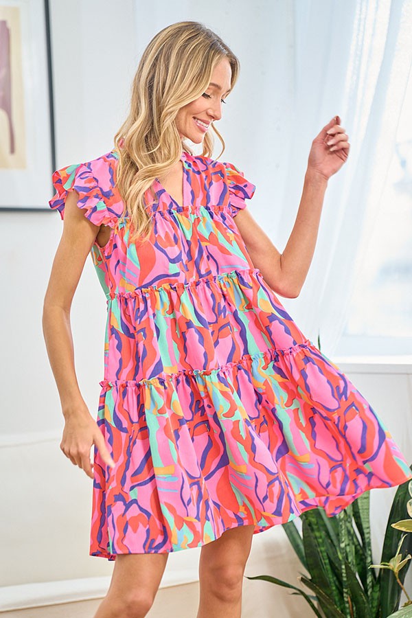 First Love Full Size Printed Ruffle Cap Sleeve Tiered Dress - Tigbul's Variety Fashion Shop
