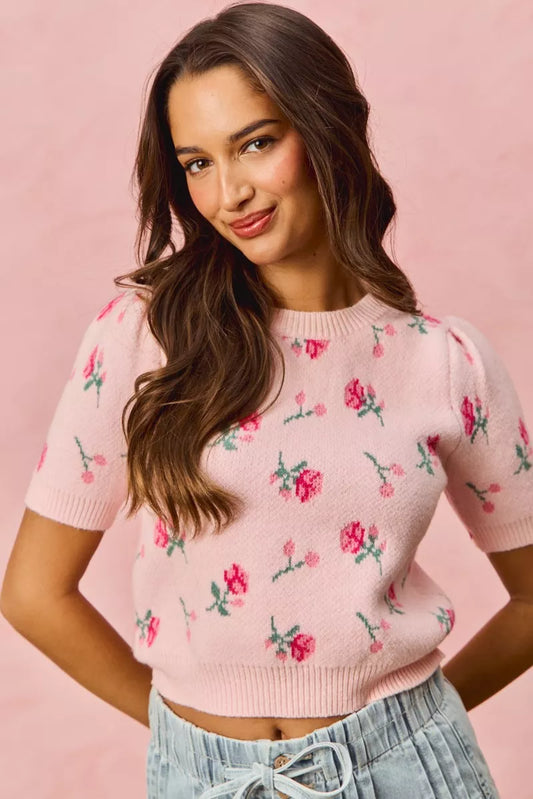 SO ME Floral Pattern Knit Puff Sleeves Sweater Top - Tigbul's Variety Fashion Shop
