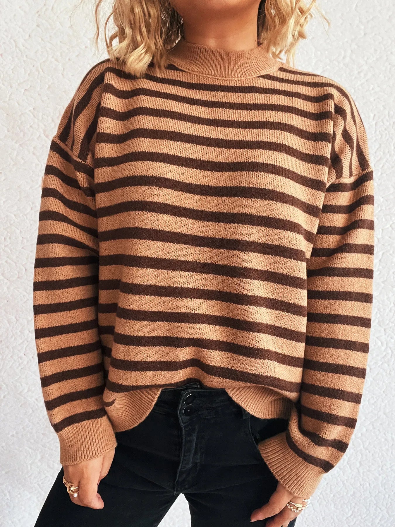 Striped Mock Neck Long Sleeve Sweater - Tigbul's Variety Fashion Shop