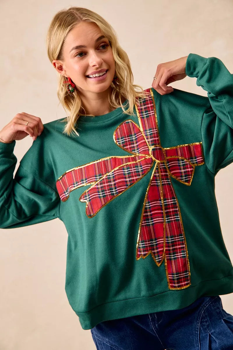 Plaid Ribbon Bow Detail Christmas Fleece Pullover Sweater - Tigbul's Variety Fashion Shop