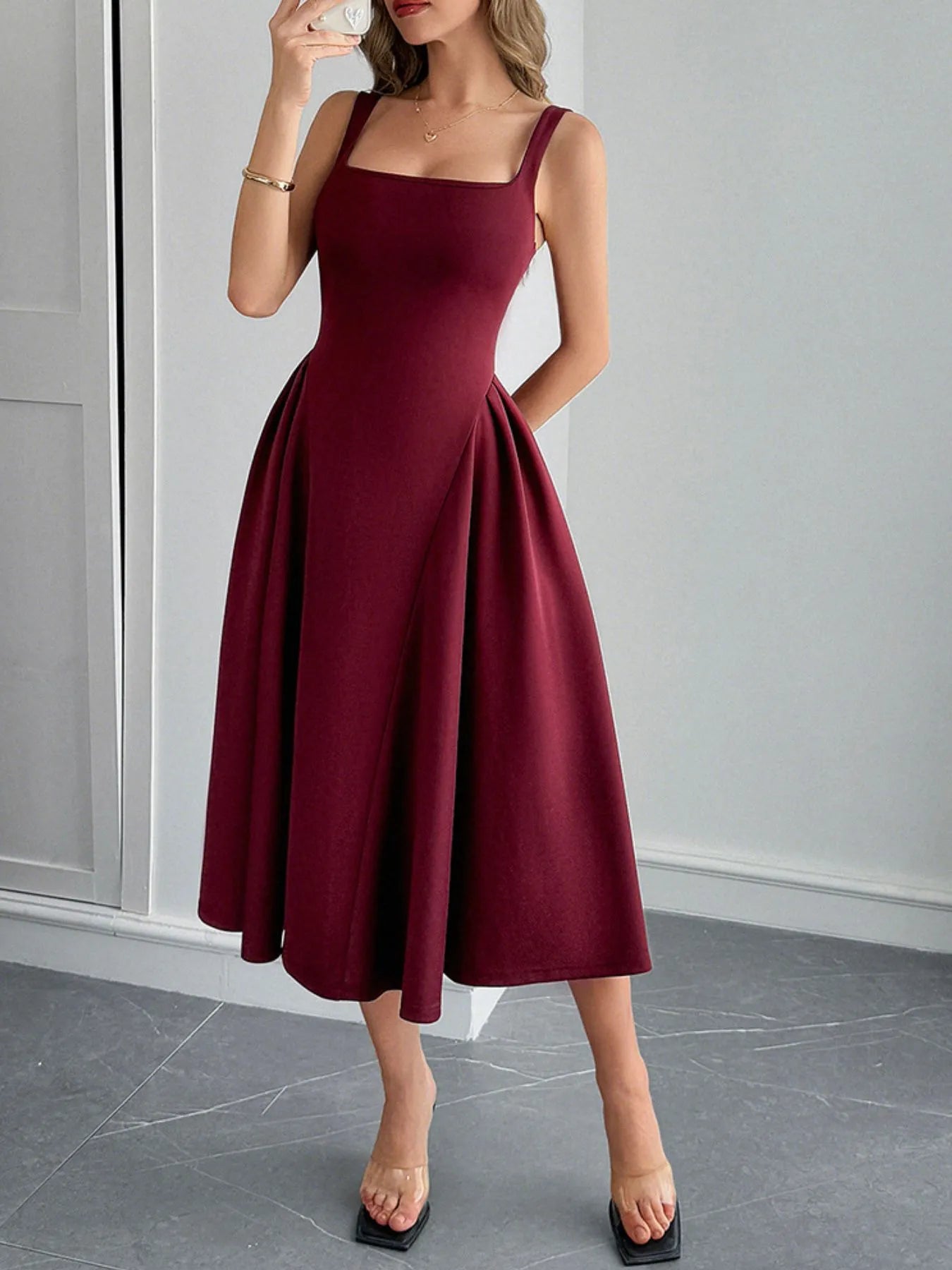 Square Neck Wide Strap Midi Dress - Tigbul's Variety Fashion Shop