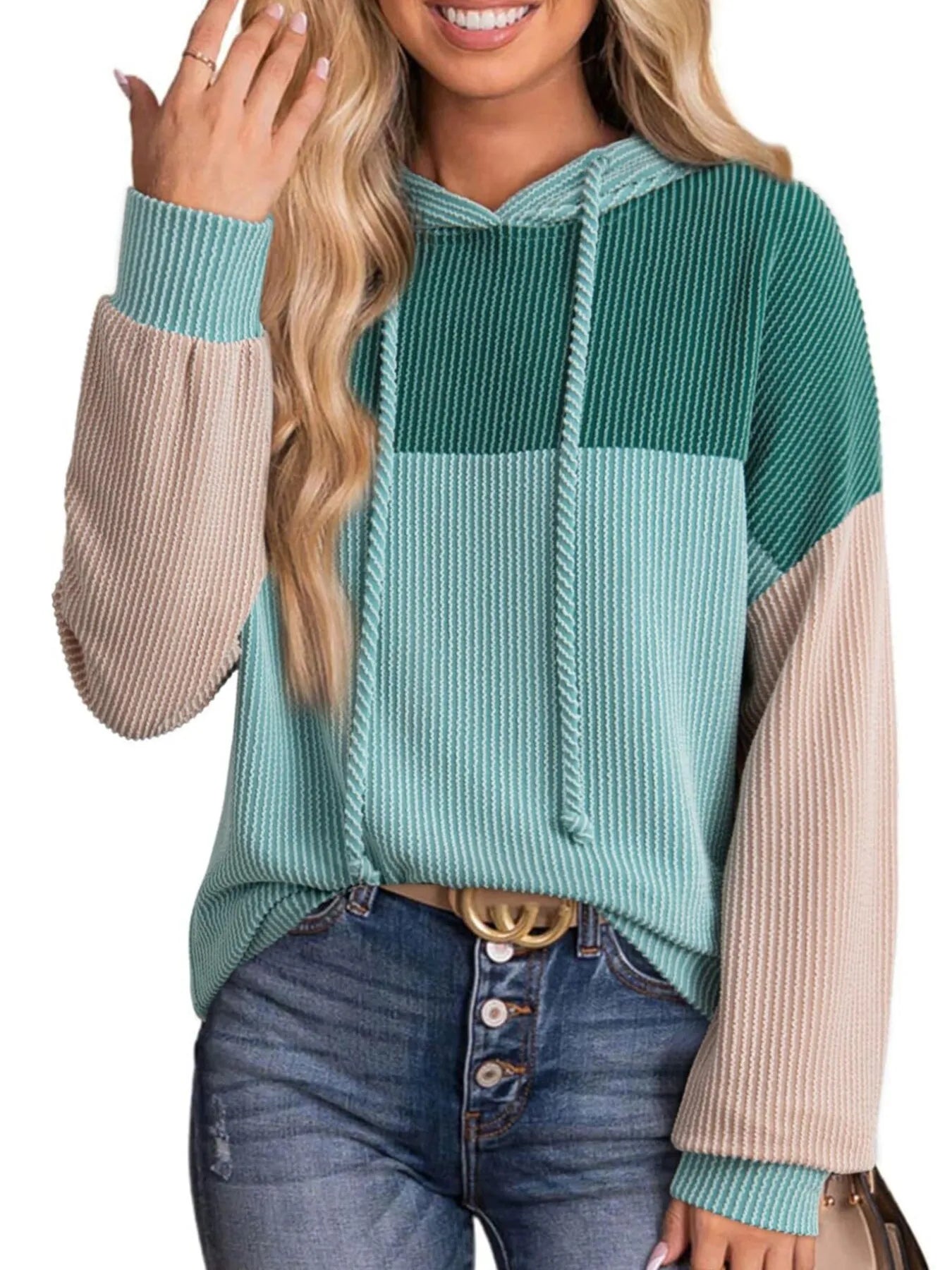 Drawstring Color Block Long Sleeve Hoodie - Tigbul's Variety Fashion Shop