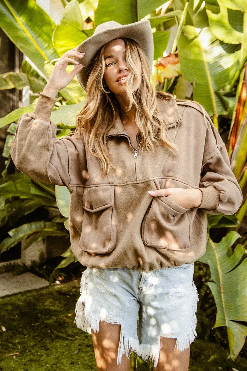 BiBi Half Zip Vintage Washed Fleece Pullover - Tigbul's Variety Fashion Shop