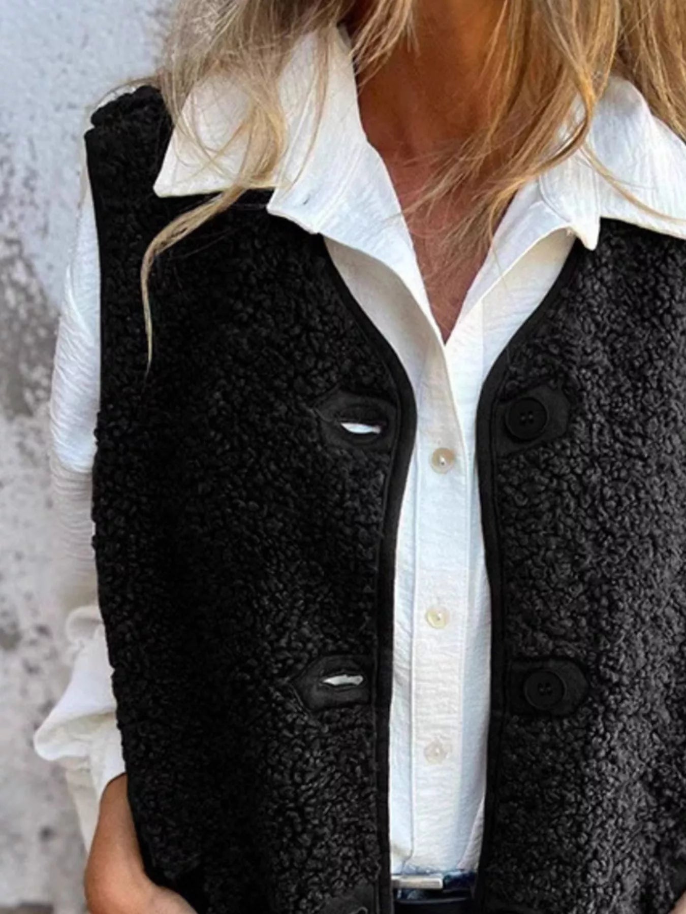 Full Size Cozy Sherpa Fleece Button-Up Vest Coat with Pockets Plus Size - Tigbul's Variety Fashion Shop