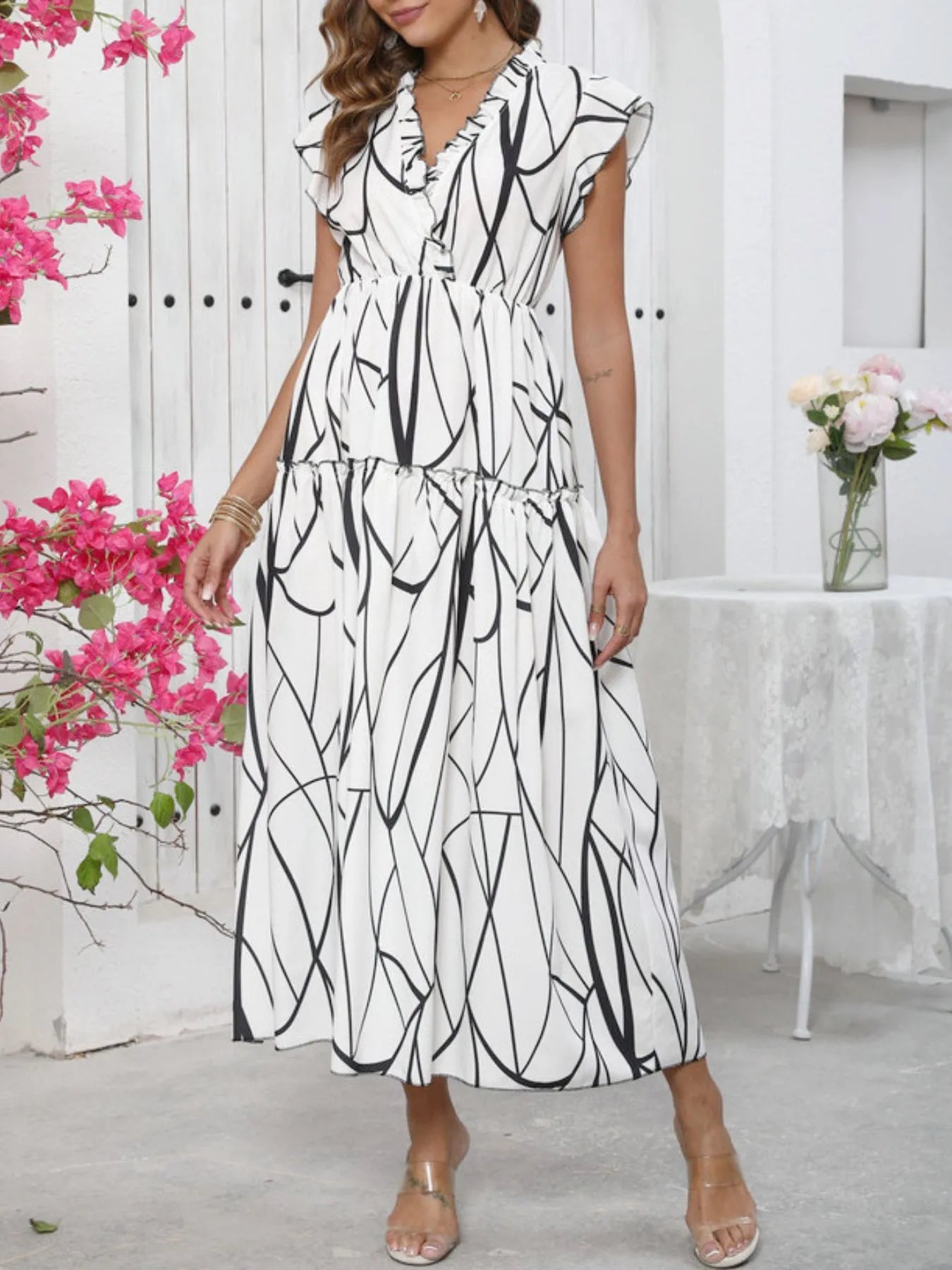 Abstract Print Ruffle Sleeve V-Neck Midi Dress - Tigbul's Variety Fashion Shop