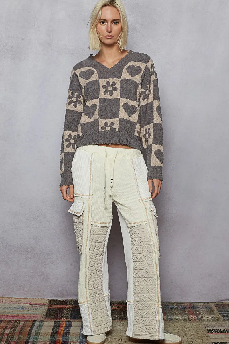 POL V-Neck Heart Pattern Checkered Sweater - Tigbul's Variety Fashion Shop
