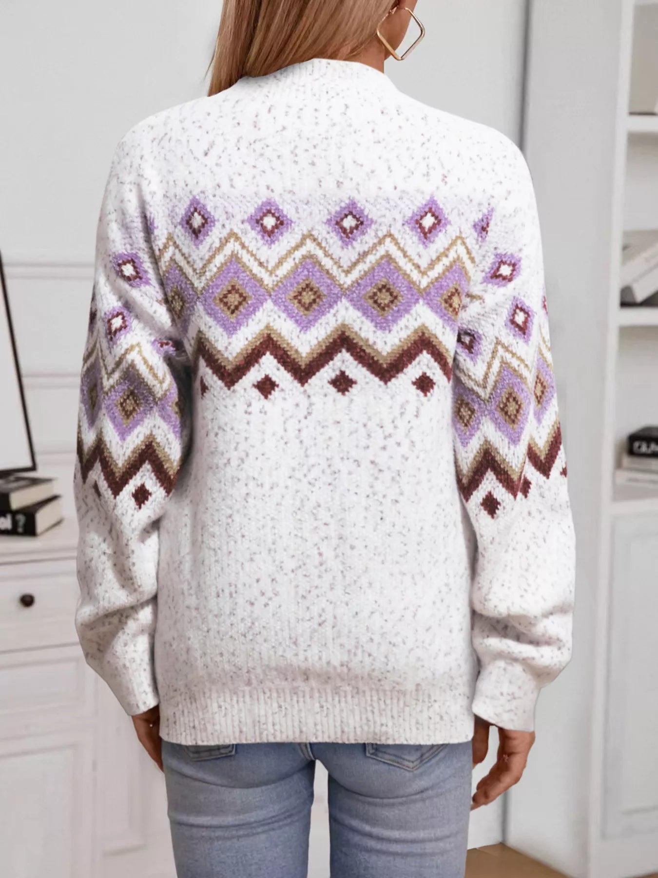 Geometric Pattern Mock Neck Sweater - Tigbul's Variety Fashion Shop