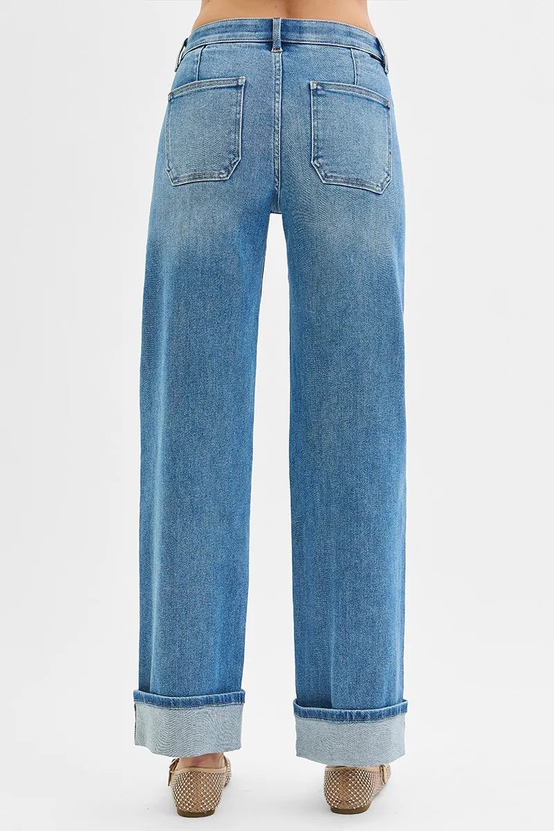 RISEN Elastic Band Mid Rise Wide Front Patch Pocket Cuff Jeans - Tigbul's Variety Fashion Shop