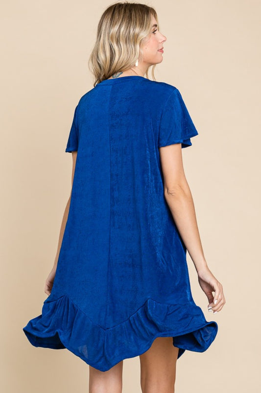 Royal Blue Short Sleeve Ruffled Asymmetric Hem Dress - Tigbul's Variety Fashion Shop