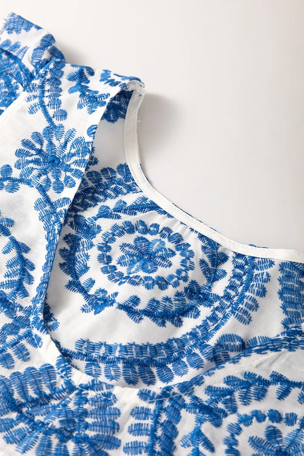Boho Print Ruffled Cap Sleeve Crew Neck Blue Blouse - Tigbul's Variety Fashion Shop