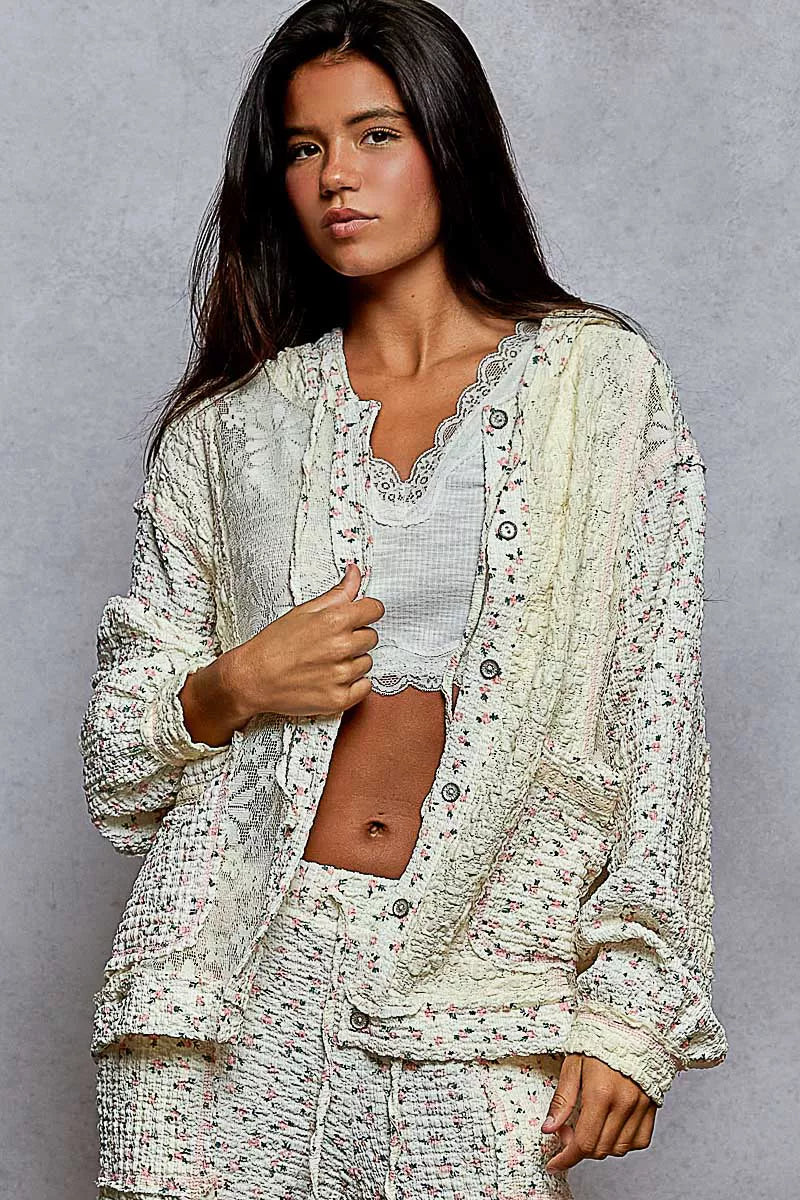 POL Floral Balloon Sleeve Hooded Lace Jacket with Stitch Detail - Tigbul's Variety Fashion Shop