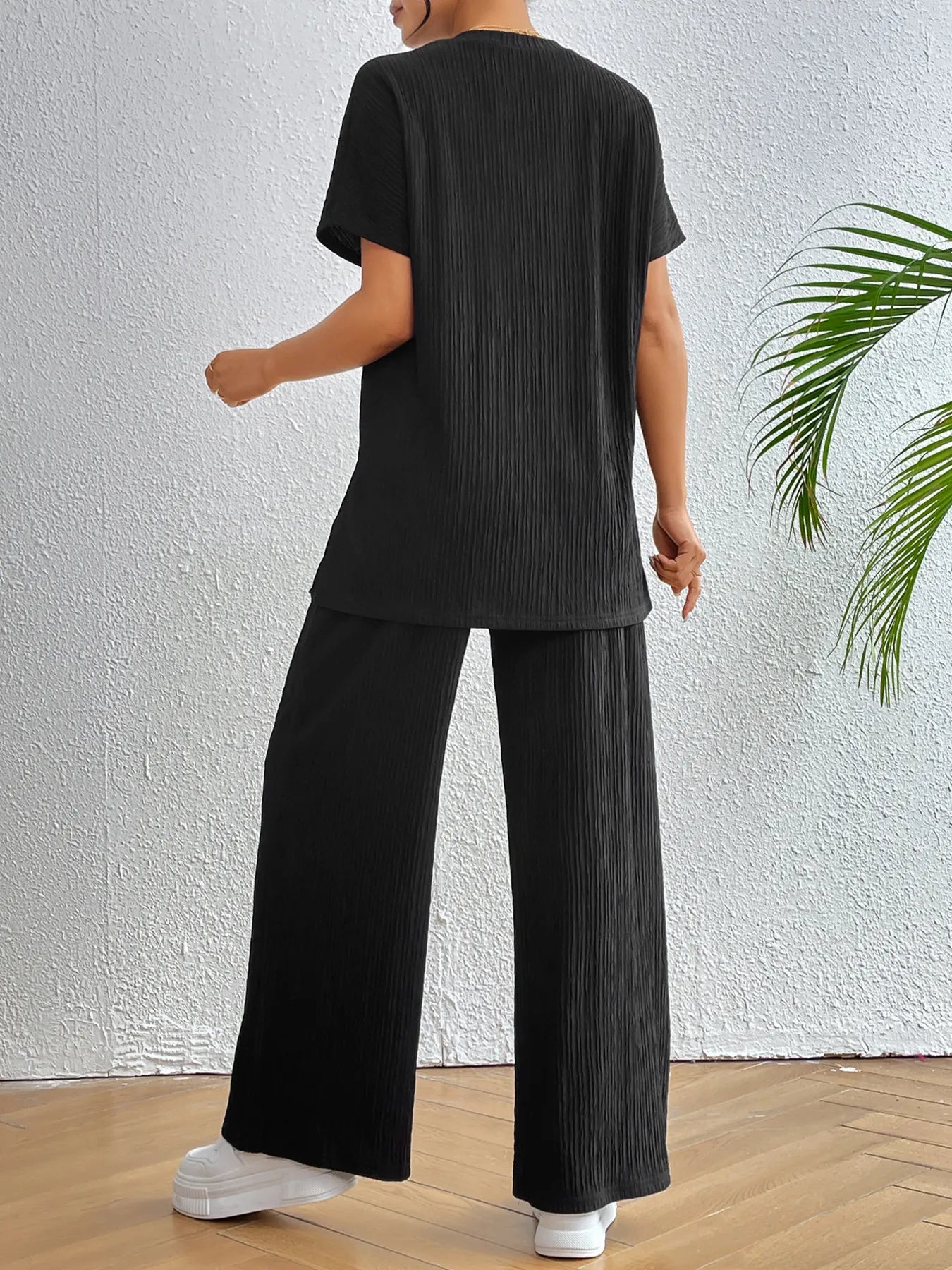 V-Neck Short Sleeve Top and Pants Set - Tigbul's Variety Fashion Shop
