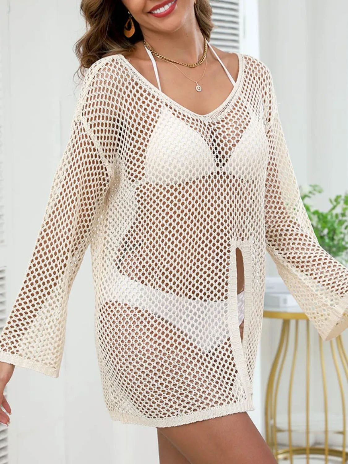 Openwork V-Neck Slit Cover-Up - Tigbul's Variety Fashion Shop