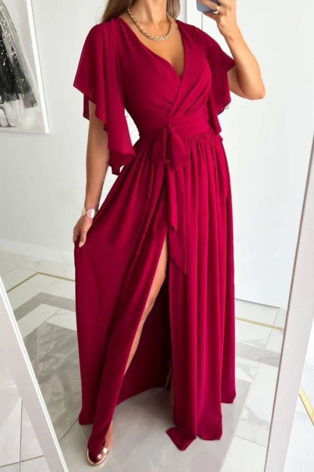 Surplice Flutter Sleeve Maxi Dress - Tigbul's Variety Fashion Shop