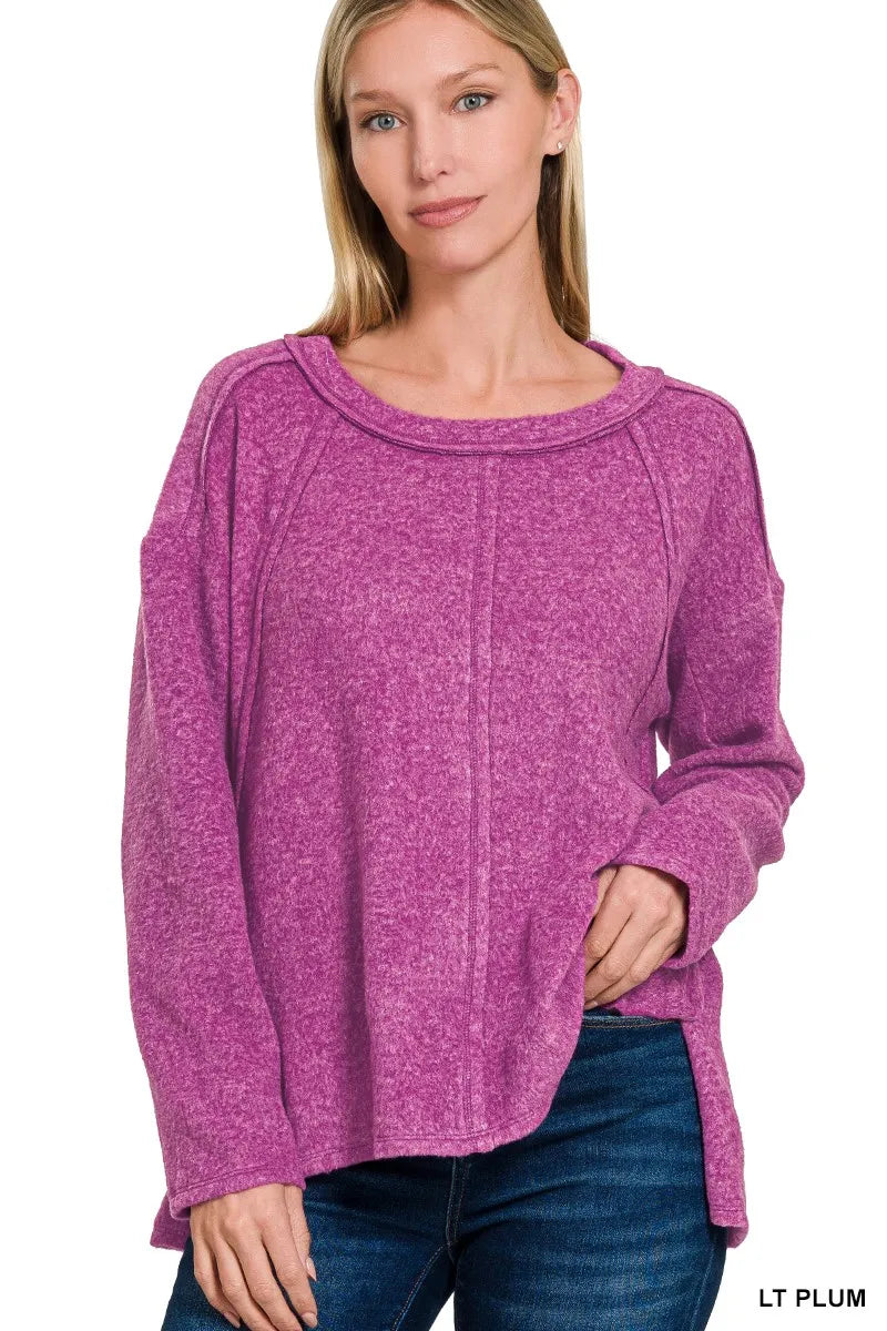 Zenana Brushed Hacci Exposed Seam Hi Low Sweater - Tigbul's Variety Fashion Shop