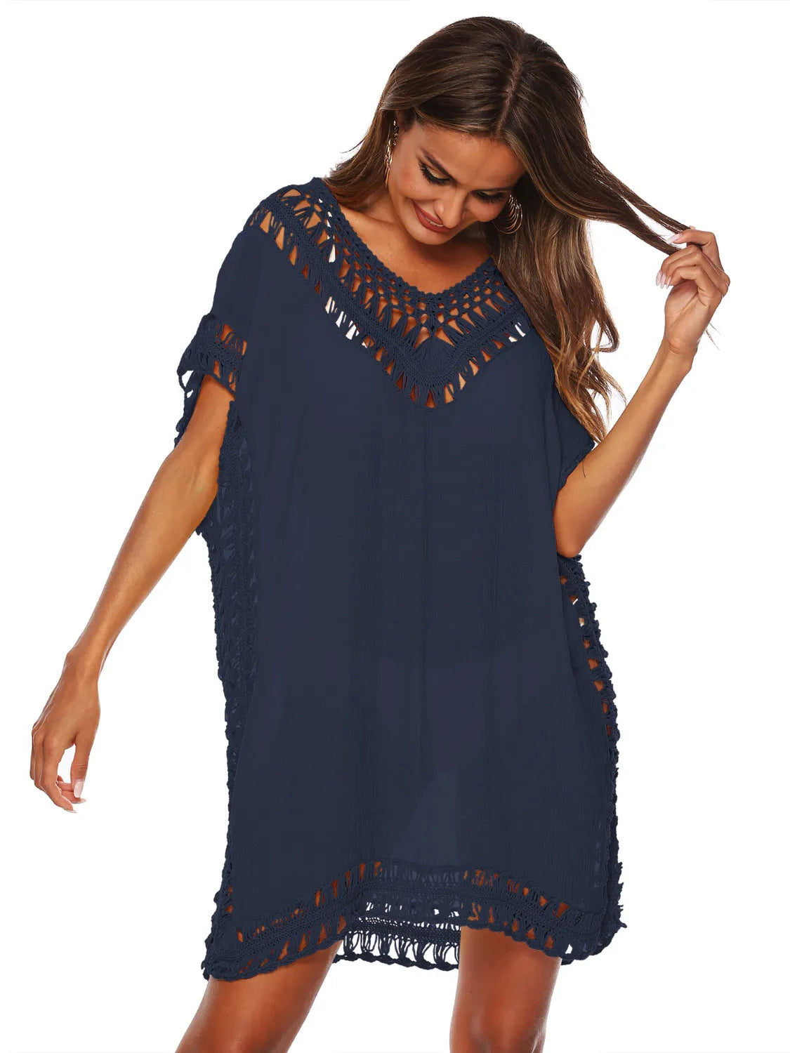 Bohemian Crochet Trim Beach Cover Up Dress - Tigbul's Variety Fashion Shop