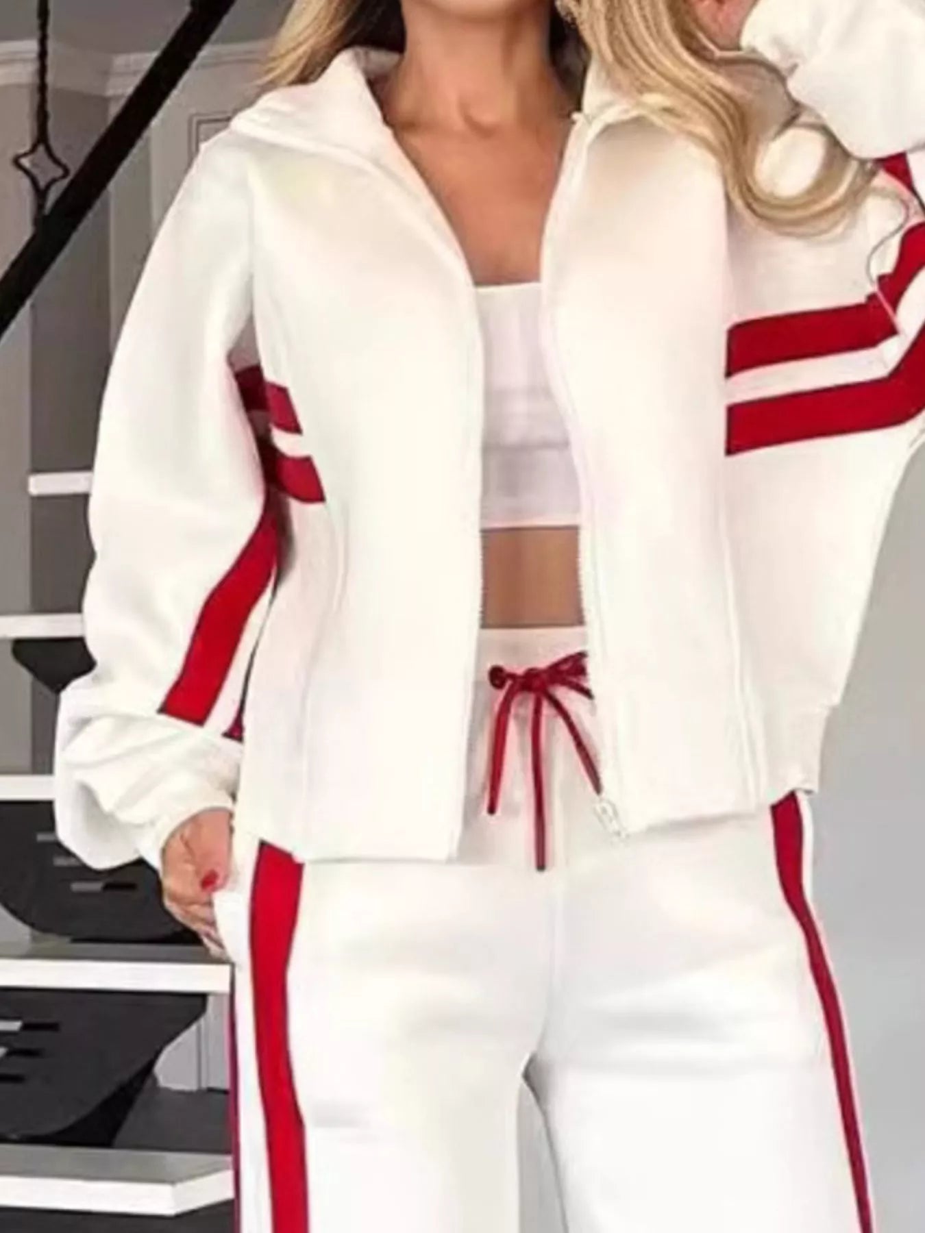 Full Size Contrast Stripe Zip Up Jacket and Pants Set Plus Size - Tigbul's Variety Fashion Shop
