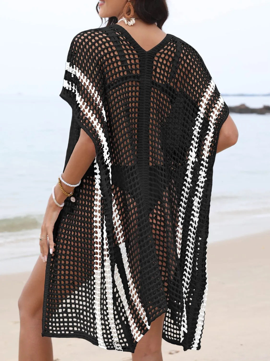 Open Front Contrast Openwork Cover-Up - Tigbul's Variety Fashion Shop