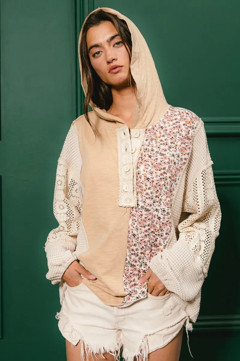 BiBi Slub Jersey with Lace Combo Buttoned Hoodie Top - Tigbul's Variety Fashion Shop
