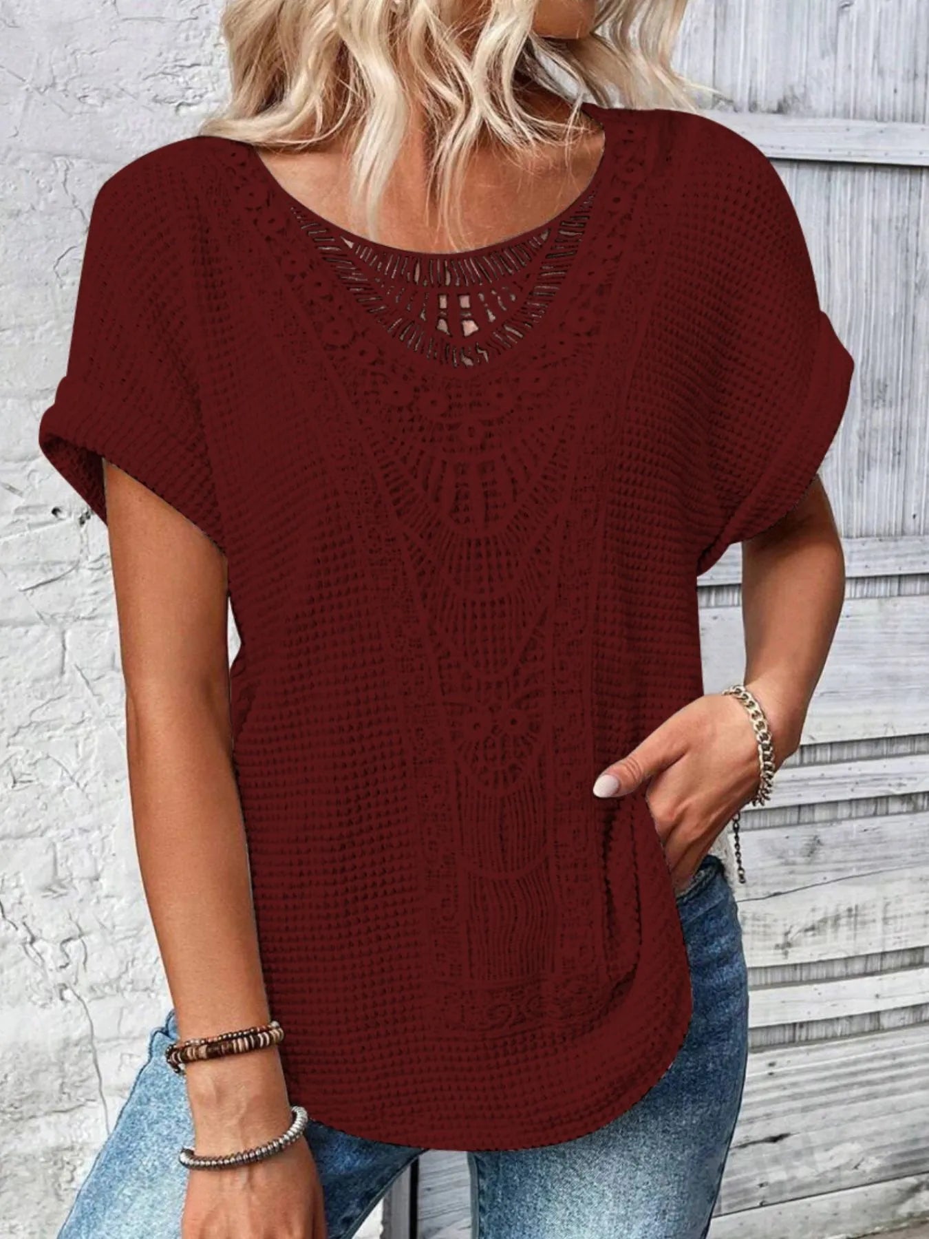 Crochet Lace Short Sleeve Casual T-Shirt - Tigbul's Variety Fashion Shop