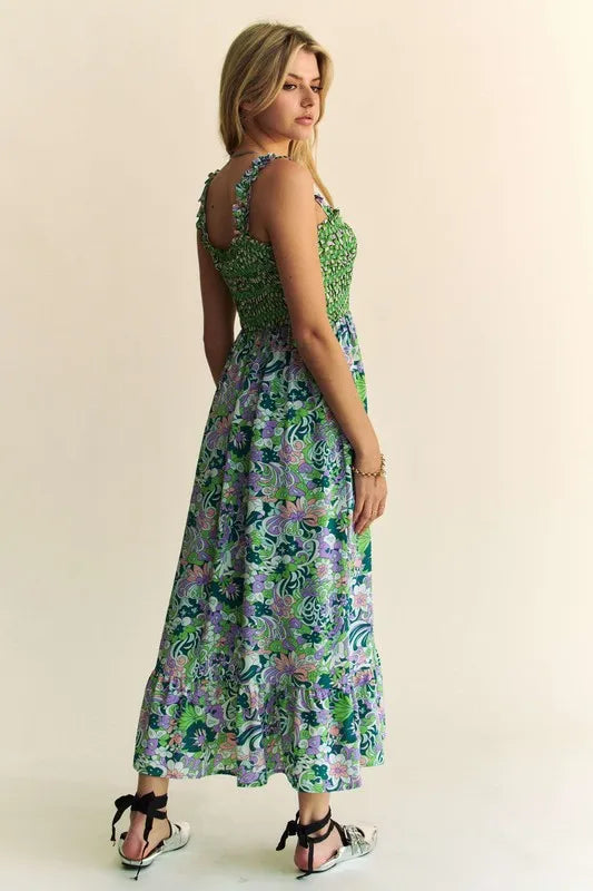 Multi Smocked Bodice Geo Ruffle Strappy Midi Dress - Tigbul's Variety Fashion Shop