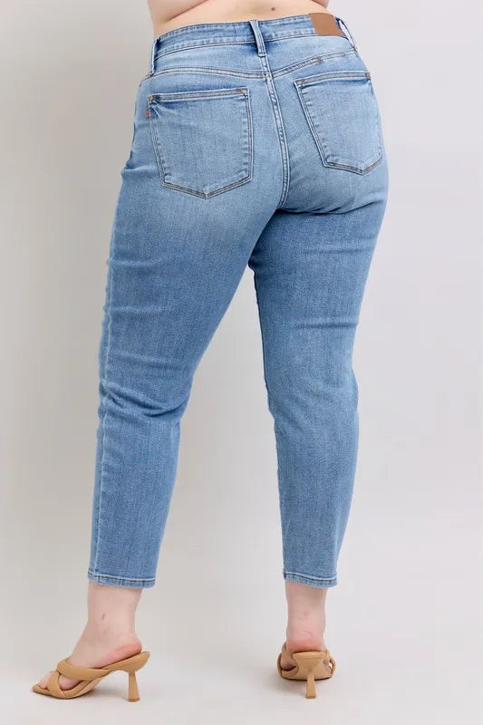 Judy Blue Full Size Mid Rise Vintage Wash Slim Jeans with Cell Phone Pocket Plus Size - Tigbul's Variety Fashion Shop