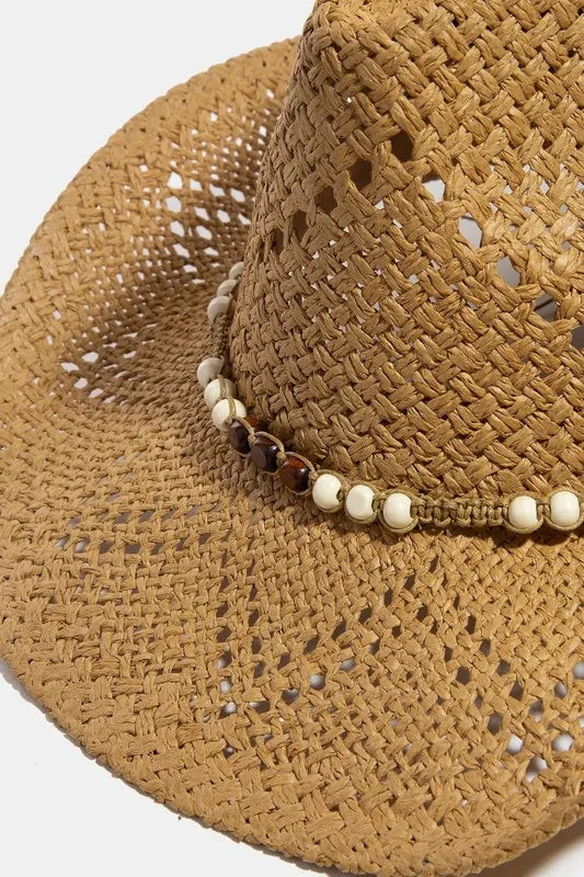 Fame Mixed Beaded Strap Western Fedora Straw Hat - Tigbul's Variety Fashion Shop