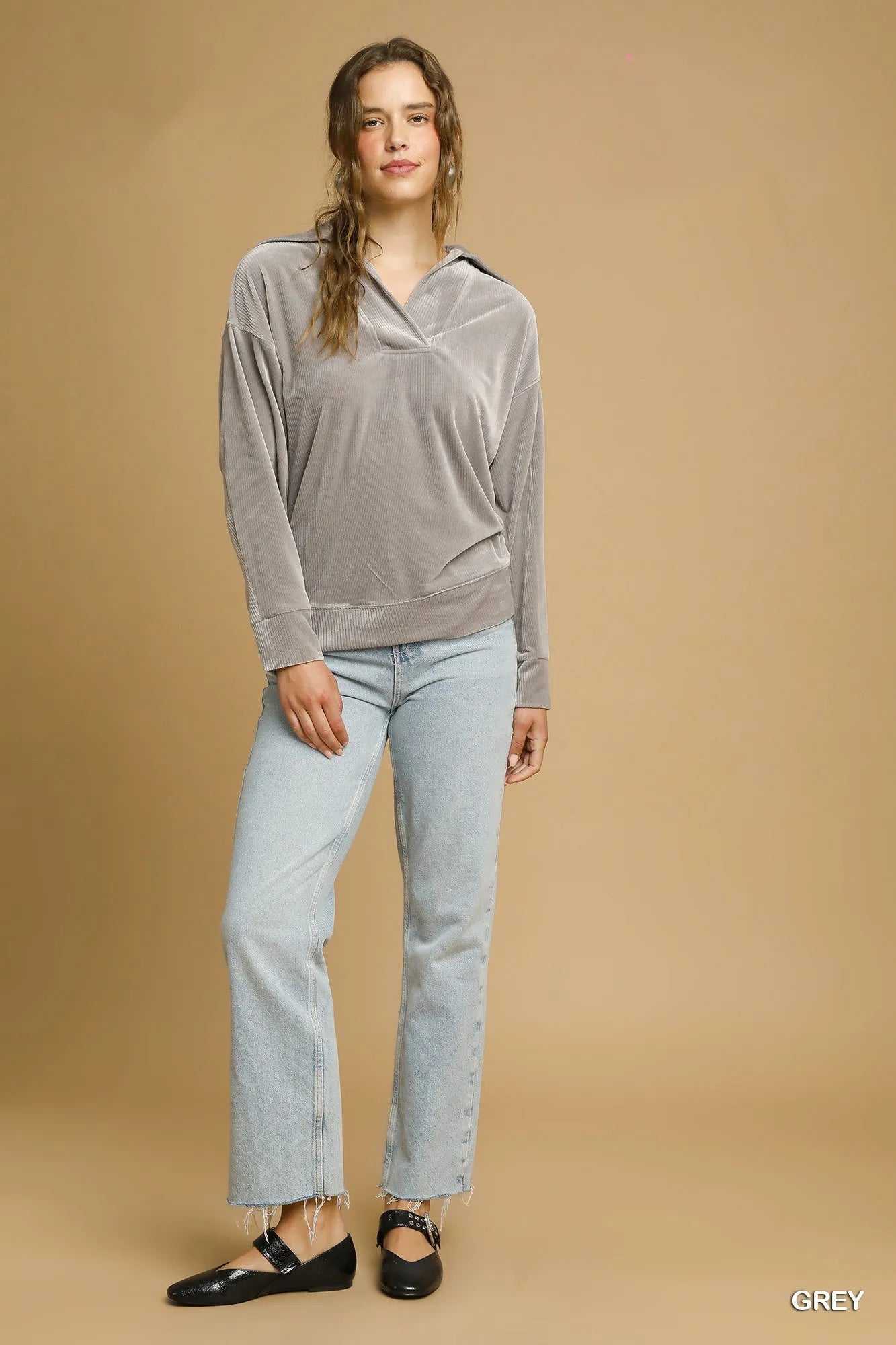Umgee Soft Thermal Collared Long Sleeve Top - Tigbul's Variety Fashion Shop