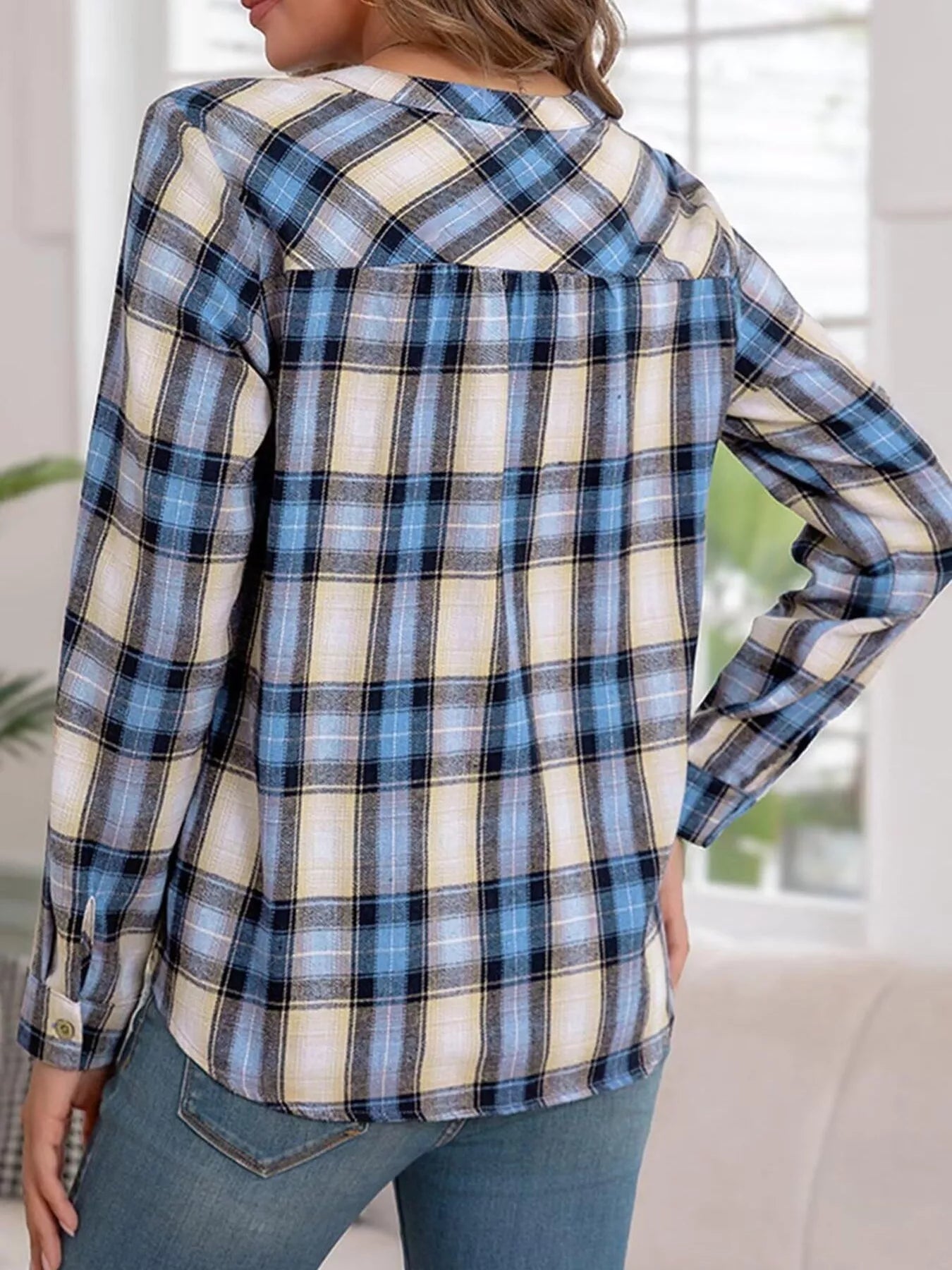Plaid Half Button Long Sleeve Blouse - Tigbul's Variety Fashion Shop