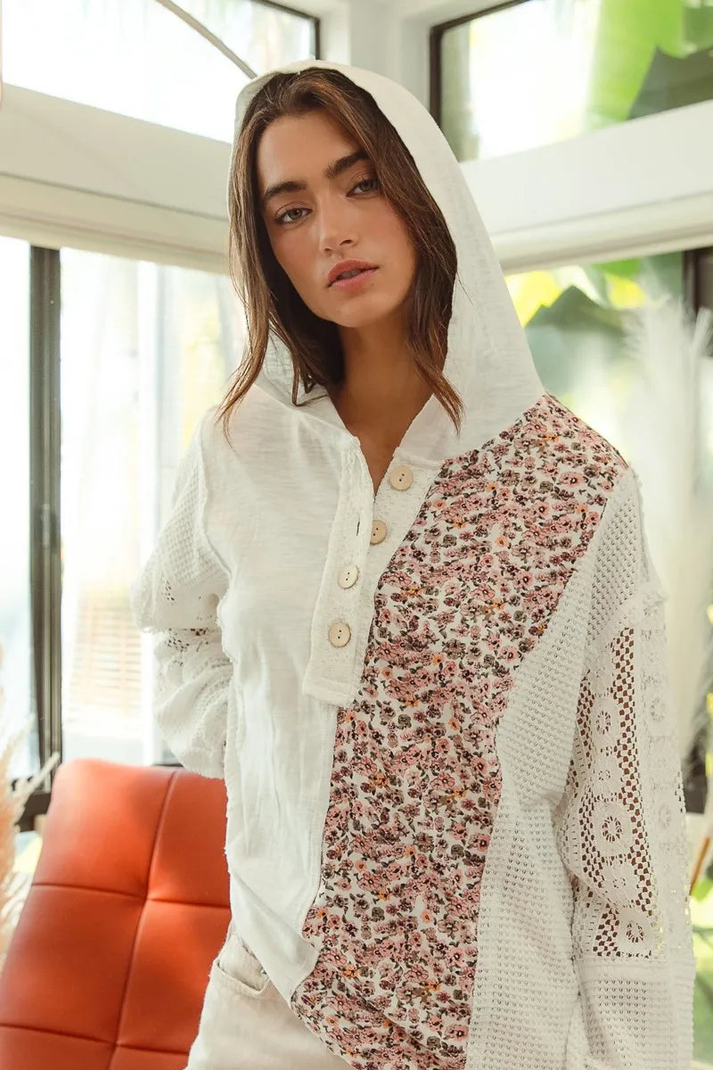 BiBi Slub Jersey with Lace Combo Buttoned Hoodie Top - Tigbul's Variety Fashion Shop