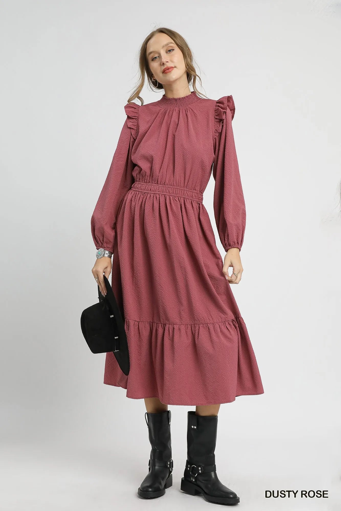 Umgee Textured Midi Dress with Ruffle Shoulder Detail - Tigbul's Variety Fashion Shop