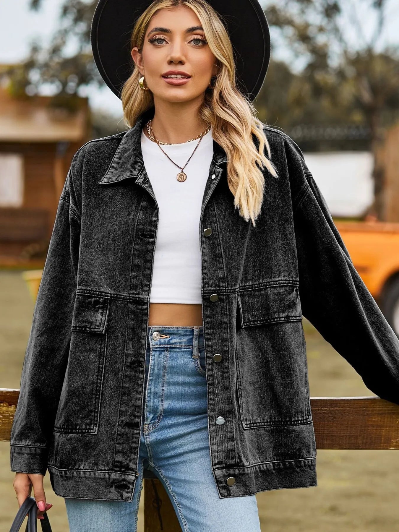 Oversized Button Up Denim Jacket with Hood - Tigbul's Variety Fashion Shop