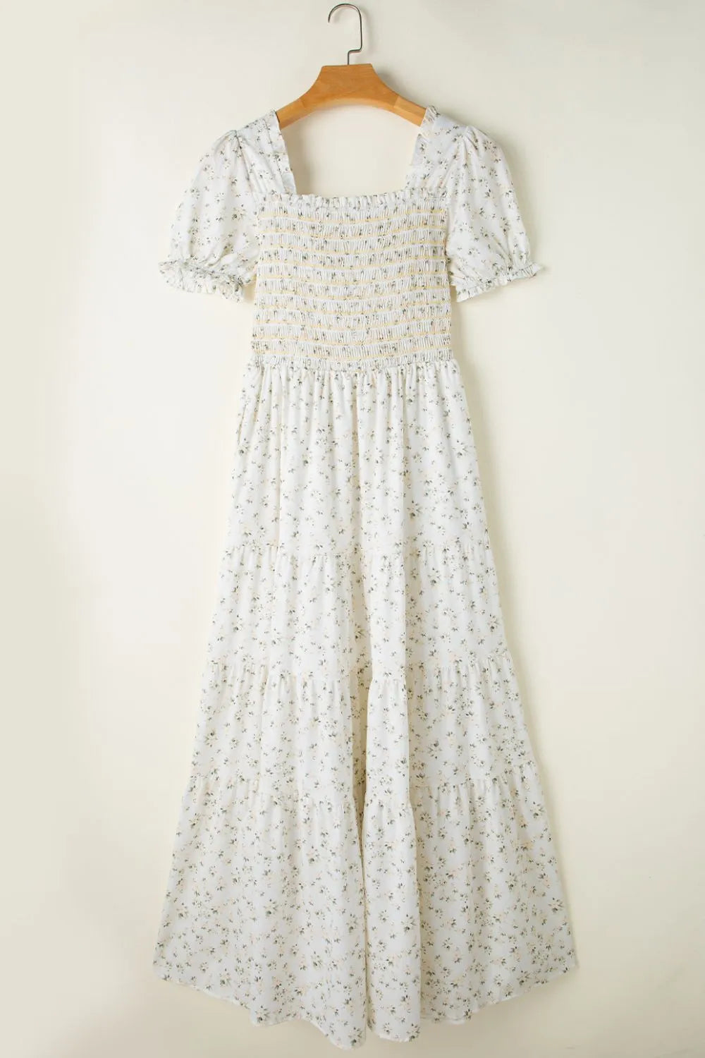 White Floral Smocked Short Puff Sleeve Maxi Dress - Tigbul's Variety Fashion Shop