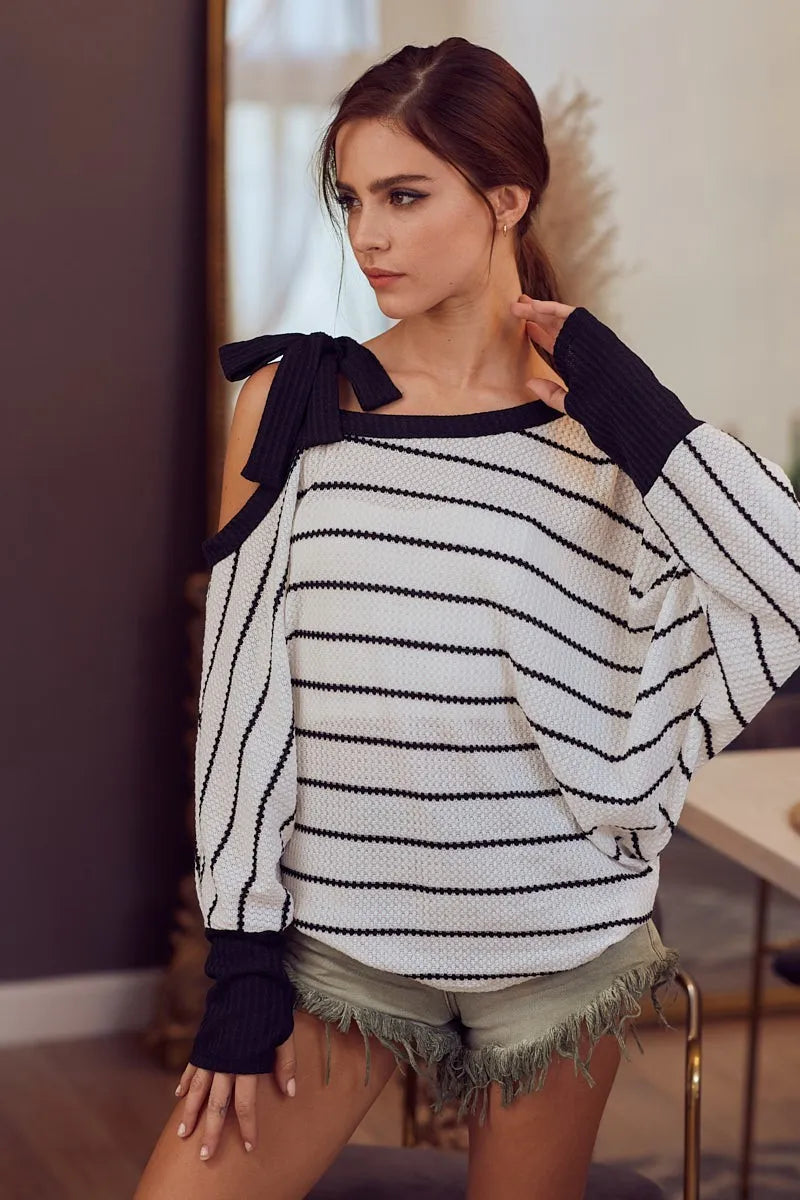 Stripe Yarn Dye Waffle One Shoulder Ribbon Detail Top - Tigbul's Variety Fashion Shop