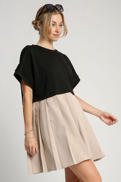 Black Round Neck Pleated Dress with Side Pockets - Tigbul's Variety Fashion Shop