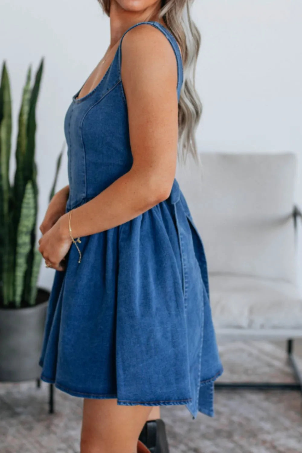 V-Back Bow Tie Denim Skater Dress - Tigbul's Variety Fashion Shop