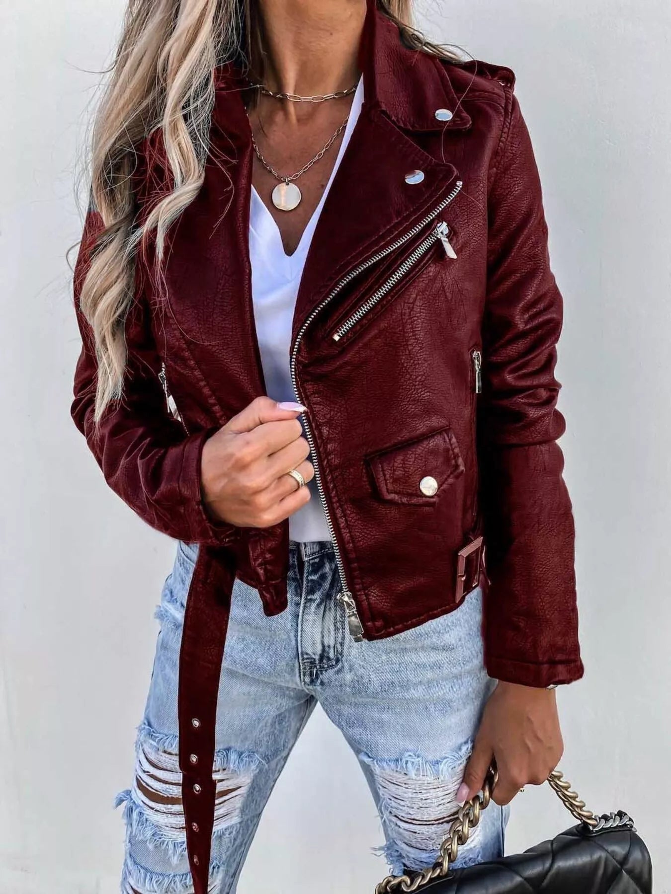 Full Size Zip Up Leather Motorcycle Biker Jacket Plus Size - Tigbul's Variety Fashion Shop
