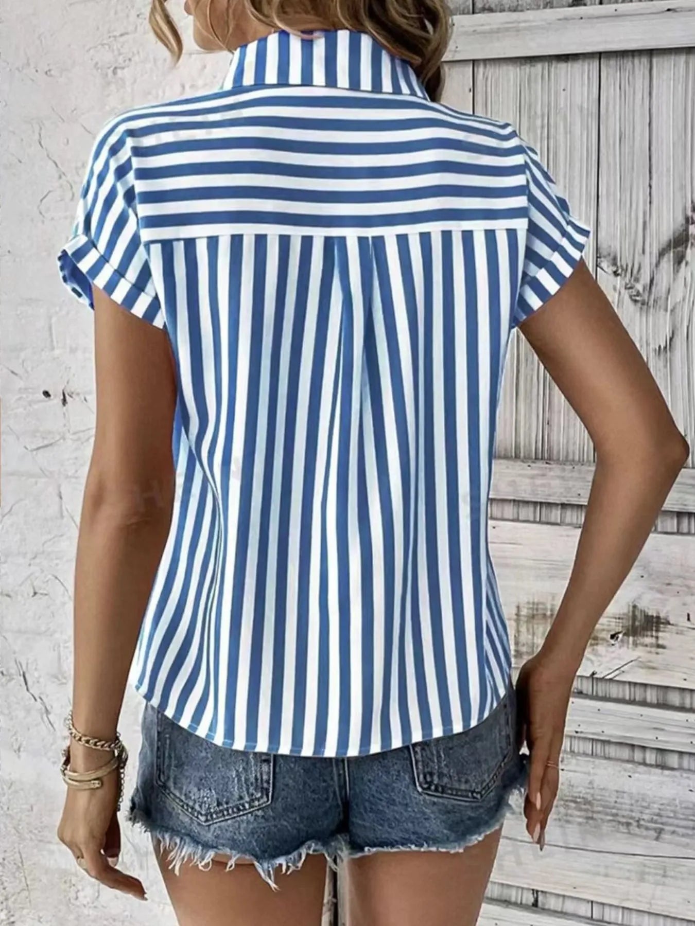 Striped Button-Up Short Sleeve Shirt with Pocket - Tigbul's Variety Fashion Shop