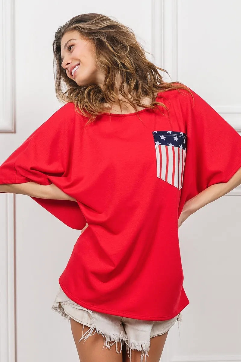 Red French Terry With Front Pocket Dolman Sleeves Top - Tigbul's Variety Fashion Shop