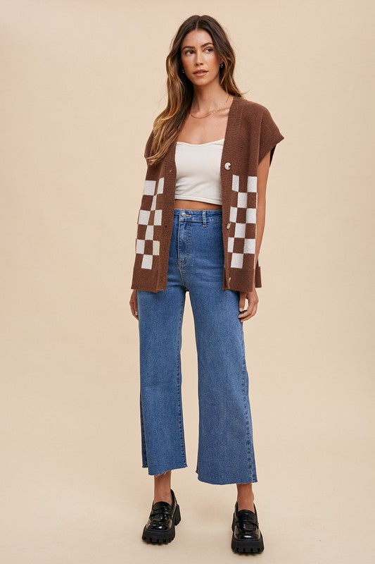 Dark Brown Checkered Button Down Short Sleeve Cardigan - Tigbul's Variety Fashion Shop
