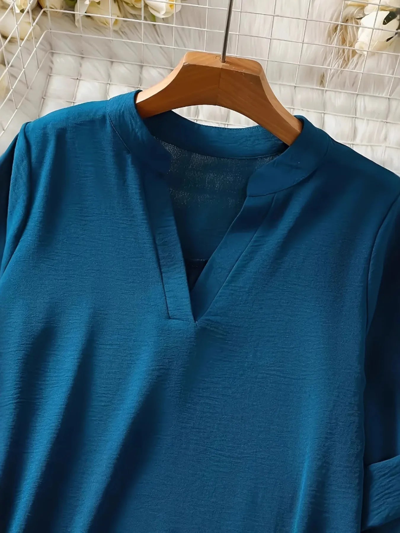 Notched Roll-Tab Sleeves Blouse - Tigbul's Variety Fashion Shop