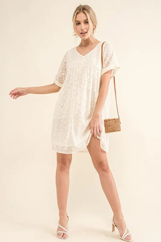 Woven Leopard Baby Doll Roll-Sleeve Casual White Dress - Tigbul's Variety Fashion Shop