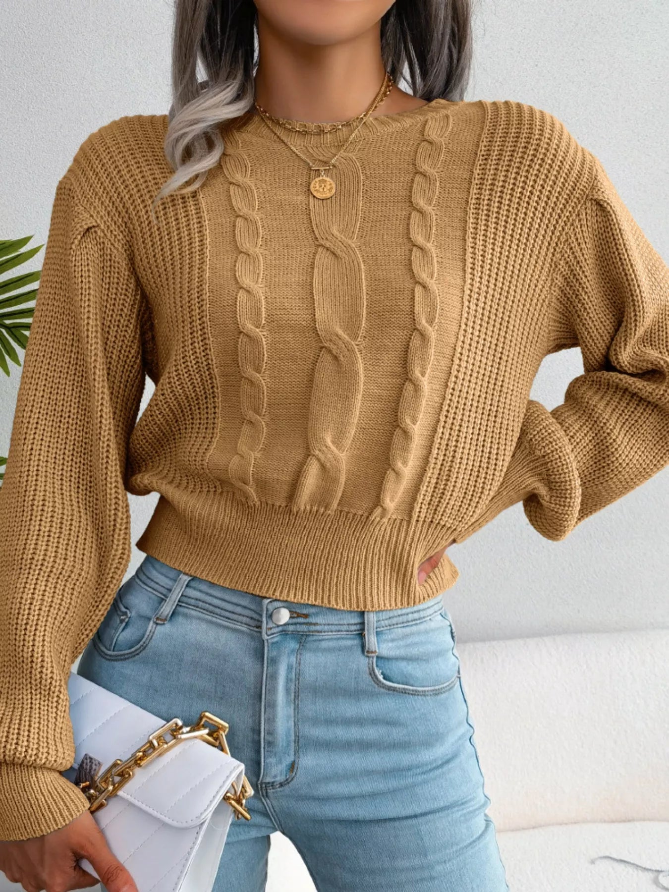 Cable Knit Round Neck Cropped Sweater - Tigbul's Variety Fashion Shop