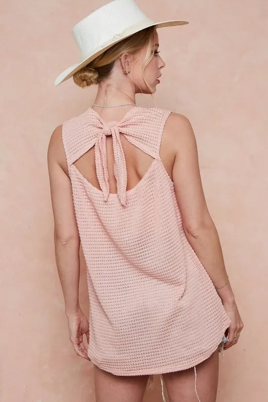 Pink Popcorn Waffle Open Back Top with Tied Ribbon - Tigbul's Variety Fashion Shop