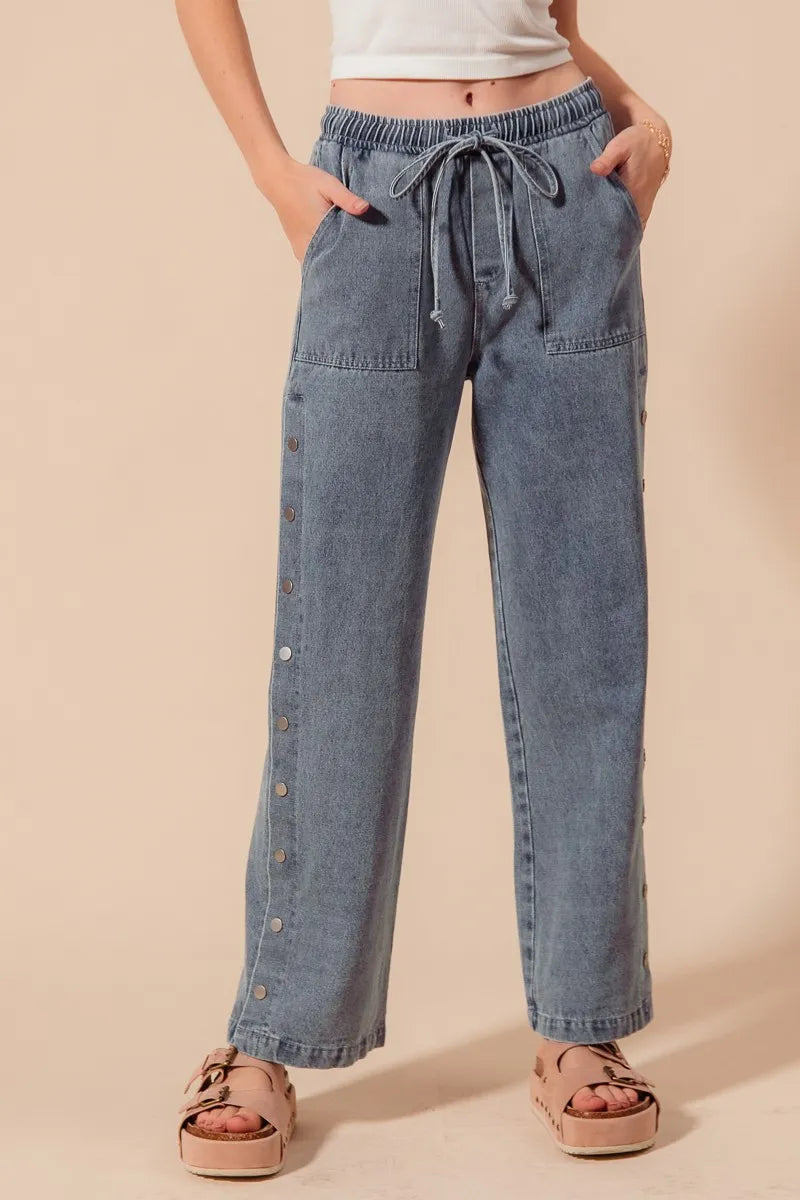 SO ME Mid Rise Drawstring Jeans with Side Snap Button - Tigbul's Variety Fashion Shop