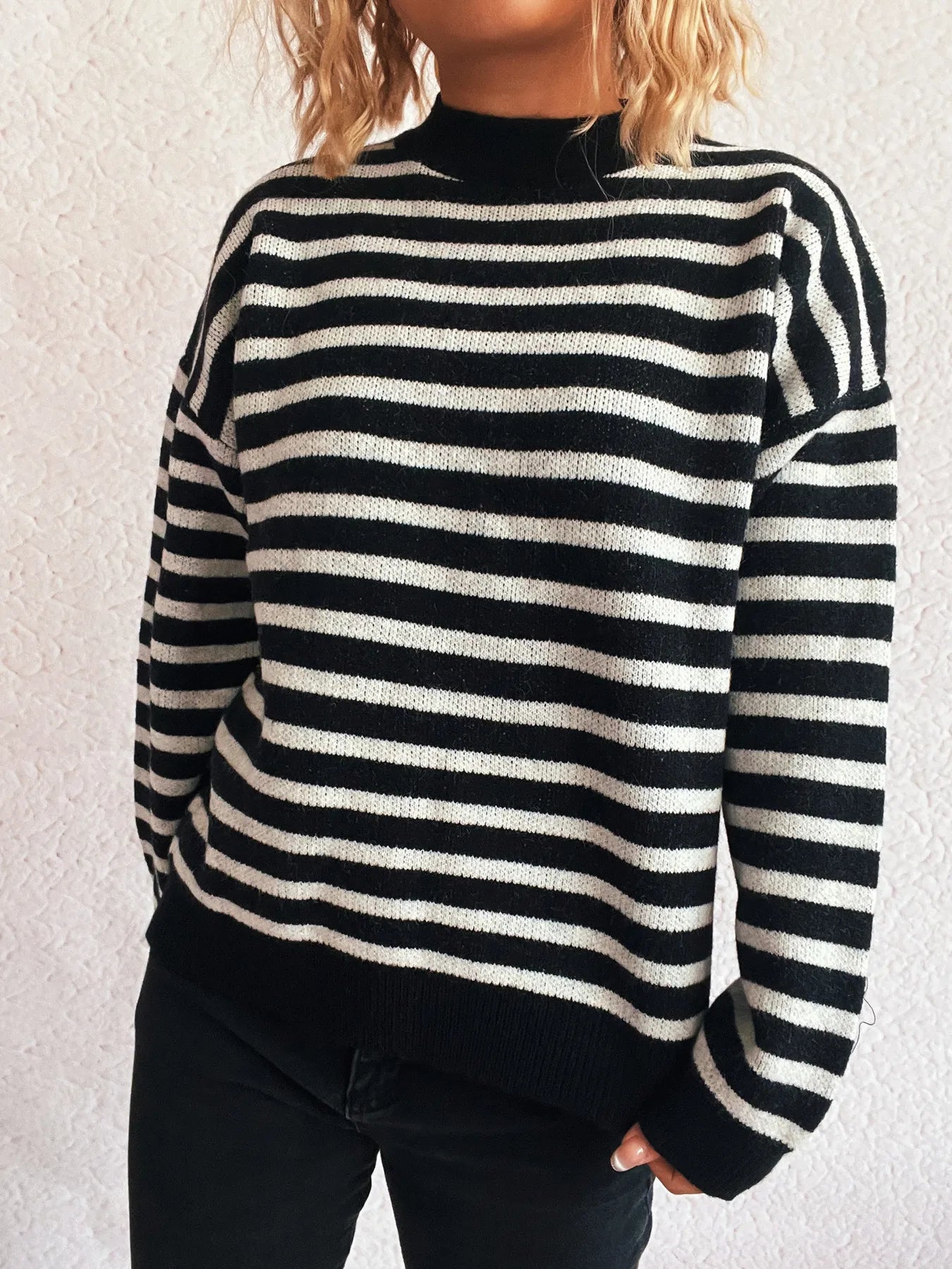 Striped Mock Neck Long Sleeve Sweater - Tigbul's Variety Fashion Shop