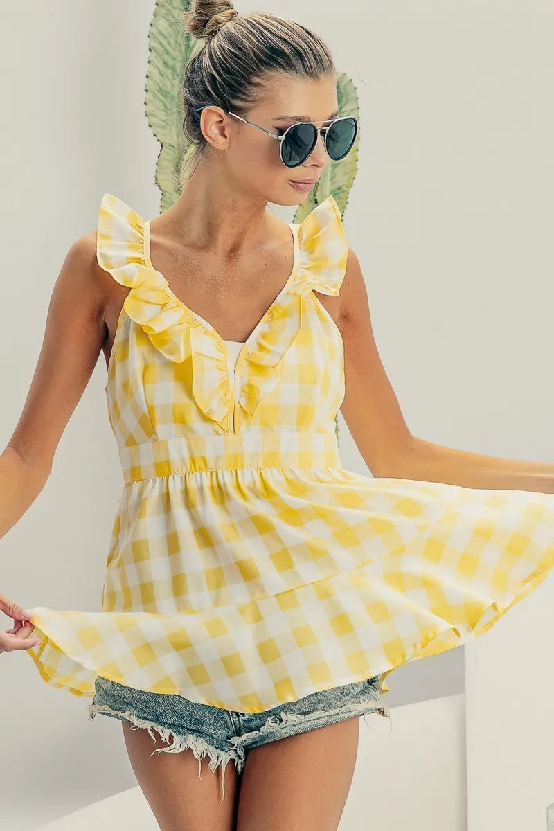 Ruffled Neckline Sleeveless Check Plaid Peplum Top - Tigbul's Variety Fashion Shop